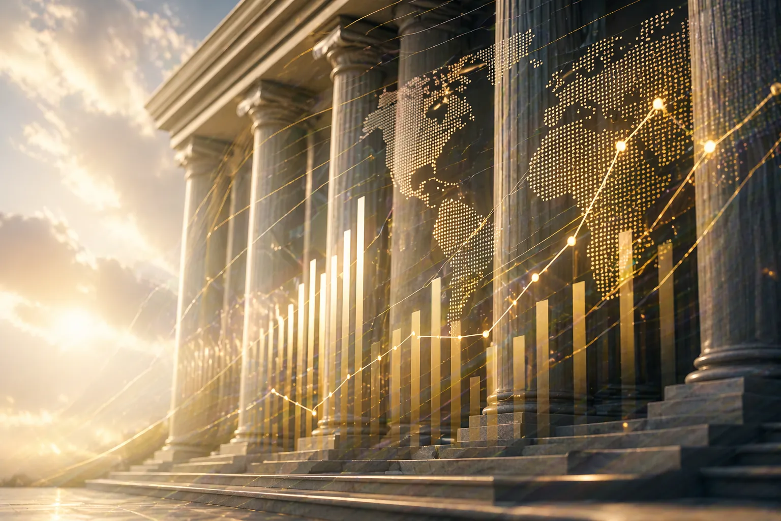 Classical pillars overlaid with financial data charts